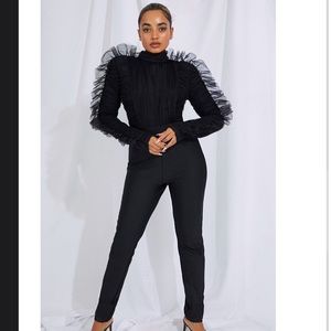 PLT Petite Black Bandage Chiffon Frill Jumpsuit